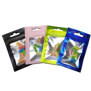 200pcs / lot Petit paquet de fermeture à glissière de couleur mate Sac en papier d'aluminium refermable Mylar Zip Lock en plastique Sacs à fenêtre transparents Retail260h