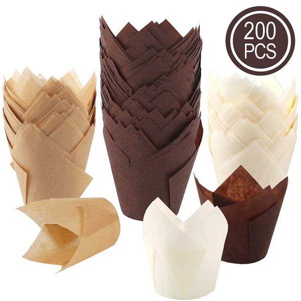 200 Pcs / Lot Tulipe Cupcake Cuisson Tasses Muffin Doublures Titulaires Emballage Rustique Molde Papier Ustensiles De Cuisson 220601