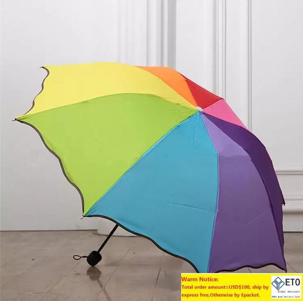 200pcslot nouveau parapluie télescopique coloré à trois plis falbala arc-en-ciel pluvieux