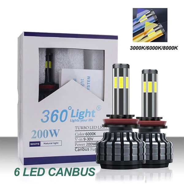 200W 26000LM Phare De Voiture 6 Côté H8 H3 H7 H9 9006/HB4 9005/HB3 H4 H11 H1 H13 Led Ampoule Super Lumineux Voiture Lumières 12V X6