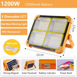 Luz de trabajo solar de 200W 336led, luz de inundación solar portátil con luz de advertencia de carga USB, imán fuerte y mango para el taller de senderismo, reparación de la exploración, etc.