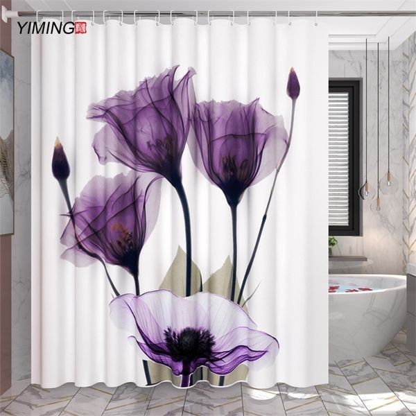 200x180 Salle de bain Rideau de douche imperméable 3D Belle fleur de tulipe violette imprimée Polyester Home Decor Rideau LJ201130