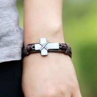 Retro punto de cruz de cuero genuino de la joyería de la aleación de la pulsera pulseras cruzadas cristianas pulseras con la mano envío gratis