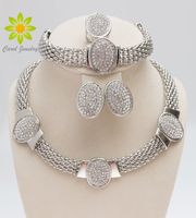 Envío gratis 2015 forma ovalada de plata cristal claro collar de la joyería conjunto Nueva moda de la boda nupcial africano sistema de la joyería del traje