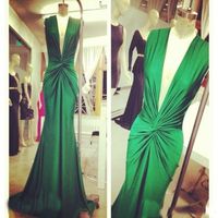 Michael Costello Green Evening Dresses Sexy Deep V Neck Draped Celebrity Special Occasion Gown Prom Party Wear