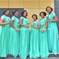 Fashionable Nigerian Bridesmaid Dresses with Sheer Lace Crew Neck Modest Short Sleeve Turquoise Chiffon Long Bridal Party Gowns