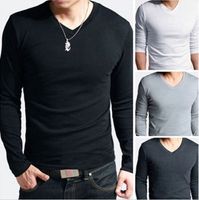 Men Basic T- shirt with Cotton V- Neck Long Sleeved Slim Fit C...
