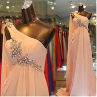2015 IN Stock Wholesale One Shoulder Ruffle Chiffon Long Prom Evening Bridesmaid Dresses With Beaded