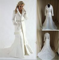 Wholesale - fur A line Wrap strapless satin White Winter Wedding Dress Cloak Chapel Train Satin Long Sleeve Coat for bride