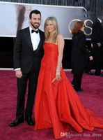 Academy Awards 85th Oscar Jennifer Aniston Red Taffeta A-Line Court Train Backless Celebrity Dresses Evening Prom Crows