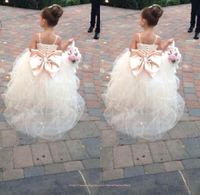 2015 Princess Lovey Flower Girls Dresses Crystals Beads Sashes White Lace Pageant Dress For Wedding Party BO8553