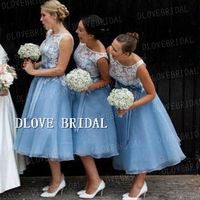 New Blue And White Applique Tea Length Bridesmaid Dresses Ch...