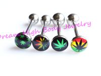 Newest Tongue Bar Ring Straight Piercing Body Jewelry Mixed Logos 14G Green Leaf 316L Stainless Steel colorfu Barbell l