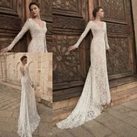 2015 Long Sleeve Sheath Wedding Dresses Sexy V-Neck Lace Bodycon Greek Goddess Beach Garden Bridal Wedding Gowns Backless