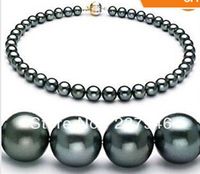 Echte feine Perlenschmuck 18 "9-10mm Tahitian Natürliche schwarze Perlenkette Perfekte Runde