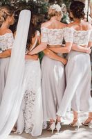 İki Adet Dantel Şifon Plaj Ülke Uzun Gelinlik Modelleri 2018 Kapalı Omuz Kırpma Üst Junior Düğün Parti Konuk Elbise Ucuz