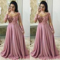 2020 Uzun Kollu Tozlu Pembe Anne Gelin Elbiseler Jewel Boyun Illusion Dantel Aplikler Çiçekler Şifon Parti Akşam Düğün Konuk Kıyafeti