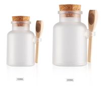 Botellas ABS Ronda de baño de sal 100g 200g de polvo de plástico Contenedores con el tarro del corcho con la cuchara de madera Embalaje Botella 100pcs / lot SN77