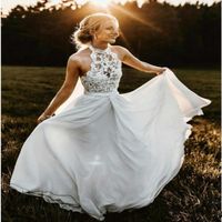 Summer Country Wedding Dresses High Neck Top Lace Halter Ful...