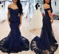 2020 Navy Blue Prom Dresses Mermaid Off Shoulder Lace Applique Evenign Gowns Sweep Train Formal Party Gowns