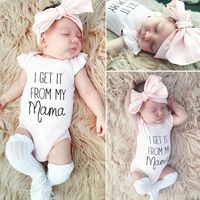 Baby Girls Romper Jumpsuits Ruffled Lace Mom Letter Rompers + Pink Bowknot Headband Headwear Suits Sommar Kids One Piece Kläder E3302