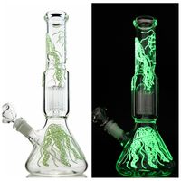 Glow In The Dark Beaker Bongs 6 Arms Tree Perc Hookahs UV Oil Dab Rigs Straight Tube Glass Water Pipes With Diffused Downstem Bowl