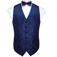 빠른 배송 남성 클래식 블루 페이즐리 실크 자카드 양복 조끼 조끼 나비 넥타이 포켓 스퀘어 커프스 세트 패션 파티 웨딩 MJ-0120