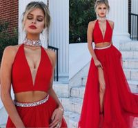 2020 Sexy Deux Red Pieces Robes de bal cristaux manches côté haute Slit piste robe de soirée Party Tenue de soirée