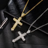 Hip Pop Cross Diamonds Hängsmycke Halsband För Män Kvinnor Charm Stöd Cross Necklace Cool Smycken Guldpläterad Koppar Zircons Kubanska kedjor