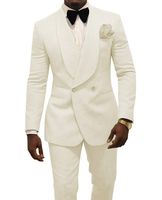 Ivory Uomini Wedding smoking goffratura smoking dello sposo Moda Uomo Blazer 2 tuta Prom / Giacca da smoking su ordine (Jacket + Pants + Tie) 1630