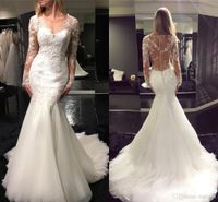 2020 elegante blanco barato lace sirena vestido de novia botones de manga larga botones de novia vestido de novia vestido de boda tul de fondo