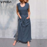 Vonda Robes Femmes Tablier 2019 Sexy Sans Sans Sans Splans Ceinture Bow Tank Maxi Longue Robe longue Plus Taille Femme Casual Vestidios