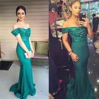 Sparkly Turquoise Pailletten Avondjurken Off Schouder Korte Mouw Shiny Top Lange Mermaid 2019 Prom Feestjurken Custom Plus Size