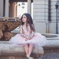 Sparkly Altın Dantel Aplikler Yürüyor Balo Elbise Düğün için Jewel Boyun Uzun Kollu Çocuklar Pageant Törenlerinde Diz Boyu Tül Parti Communion Elbise