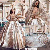 Crystals Gold Appliques Sequins Arabic Ball Gown Wedding Dresses Long Sleeve Sheer Jewel Neck Chapel Train Corset Back Bridal Gowns AL4462
