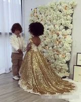 Sparkly Altın Sequins Çiçek Kız 'Elbiseler Uzun Kollu Dantel Aplike Jewel Boyun Bir Çizgi Custom Made Küçük Kız Pageant Balo