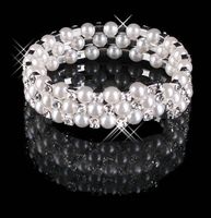 Women Silver Rhinestones Jewelry Prom Homecoming Wedding Party Evening Jewelry Bracelet 3 Row Pearls Stretch Bangle Bridal Accessories