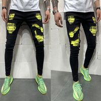 E-Baihui Decorar Agujero Amarillo Jeans delgado Pantalones Demin Pantalones Estirados Hombre Hight Street Black Jeans PN01
