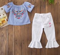 Малыш дети девочка с плеча цветок топы футболки брюки пролетные брюки логинс повседневная детская одежда набор