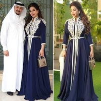 Marineblau Chiffon Muslim Abschlussball-formale Kleider 3/4 lange Hülse 2021 Arabisch Kaftan Kaftan Marokko Abaya SpitzeApplique Abendkleid