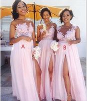 2020 Sexy Sheer Jewel Neck Neck Lace Appliques Maid of Honor Abiti Split Abiti da sera formale Indossare campagna economici Blush rosa abiti da damigella d'onore rosa
