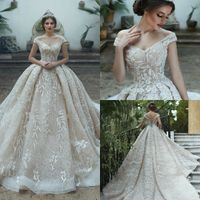 2019 vintage plus storlek bröllopsklänningar av axelapplikationer spetsboll klänning bröllopsklänning med långa tåg lyxiga brudklänningar