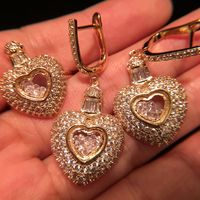 New Charming Women Jewelry Gold Plated Sparkling CZ Heart Earrings Ring for Girls Women for Party Wedding Nice Gift