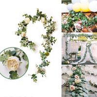 Bahçe Ev Partisi Düğün Dekorasyon için Yapay Okaliptüs Çiçek Vine ile Gül Şakayık Wisteria Çiçek Rattan İpek Simülasyon Yapraklar