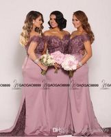 Naga Lavender Lace Stain Off-Bore Long Mermaid Beach Druhna Sukienki 2019 Dubaj Arabski Styl Tani Wedding Party Guest Dress