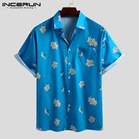 Incerun Erkekler Çiçek Baskılı Gömlek Kısa Kollu Down Yaka Gömlek Casual Gevşek Bluz Erkekler Yaz Hawaii, Camisa S-3XL Tops
