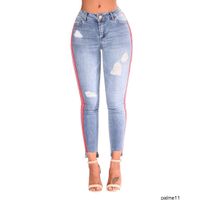 Kadınlar Yüksek Bel Sıkı Yırtık Delik Kalem Kot Bayanlar Rahat Yıkanmış Kot Çizgili Dokuma Ayaklar Pantolon Denim Pantolon B0x7