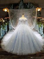 2021 مخصص سندريلا الكرة ثوب فساتين الزفاف ضوء السماء الزرقاء 3d زين الأميرة أثواب الزفاف مع أغطية طويلة الحلو ارتداء الزفاف