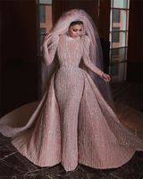 Новый дизайнер Дубай роскошные длинные рукава высокая шея свадебные платья полностью покрытые свадебные платья съемный поезд свадебное платье бесплатная доставка