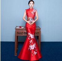 2019 sjöjungfru svans asiatisk stil kortärmad mode röd broderi brud bröllop qipao lång cheongsam kinesisk traditionell klänning retro